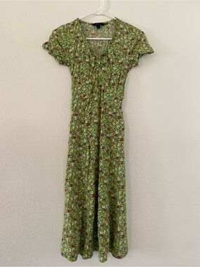 Boden Green Floral Maxi Dress with Red and White Flowers
